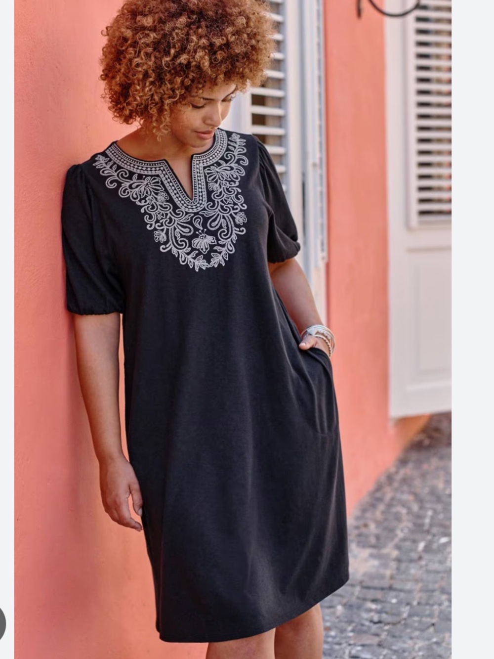 J. Jill Soutache Embroidered Puff Sleeve Dress Black Midi Pockets Tencel S